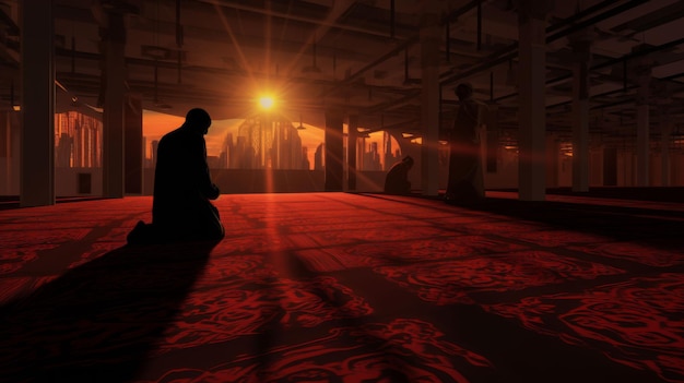 Mann sitzt auf einem Teppich in einem dunklen Raum für den Ramadan 2024