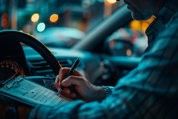 Foto mann sitzt im auto und schreibt auf papier