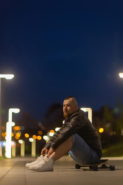Mann sitzt mit Skateboard in urbaner Landschaft