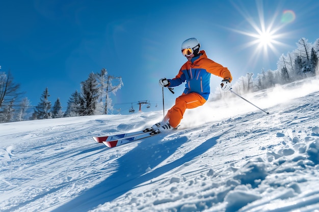 Mann-Skifahrer läuft auf sonniger Sonne abwärts