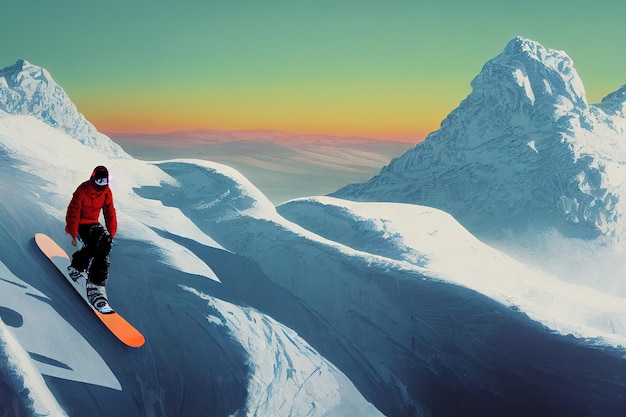 Mann Snowboarder Sportswear Snowboard fahren vom weißen schneebedeckten Berg vor blauem Himmel