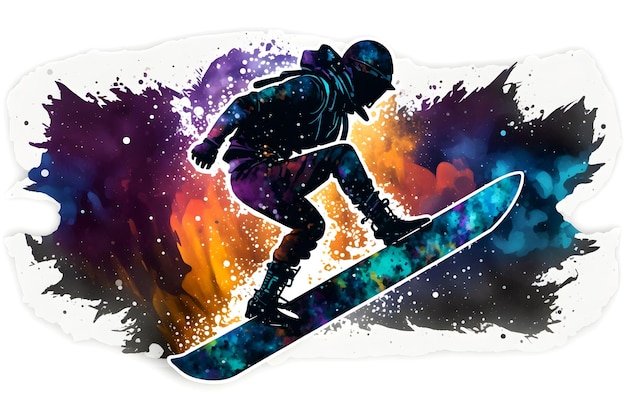 Mann-Snowboarder springt auf Snowboard mit regenbogenfarbenem Aquarellspritzer isoliert auf weißem Hintergrund. Kunst des neuronalen Netzwerks