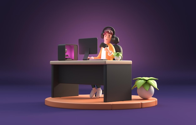 Mann spielt mit Computer 3D-Illustration