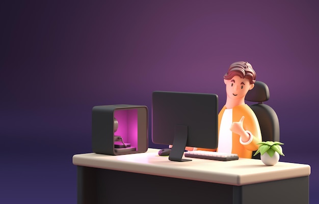 Mann spielt mit Computer 3D-Illustration