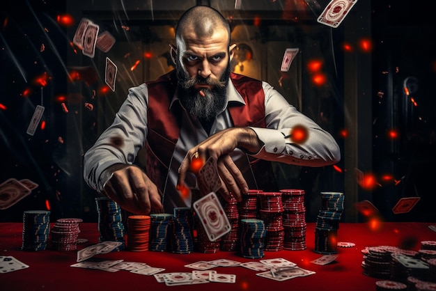 Mann spielt Poker-Casino-Pokerspieler mit Chips und Karten