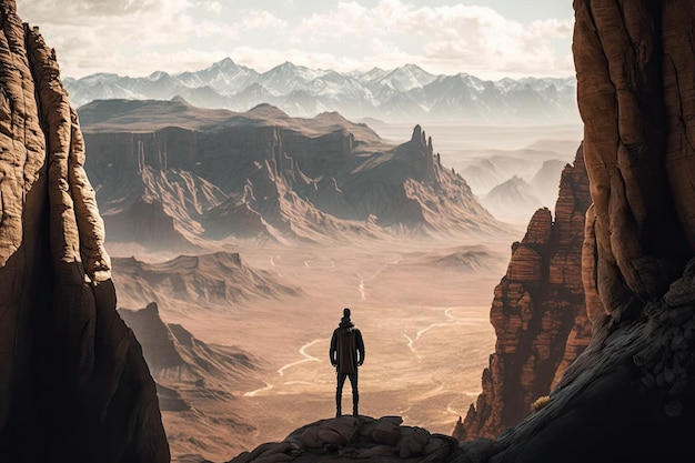 Mann steht am Rand einer Klippe mit weitem Blick auf die Bergkette und das darunter liegende Tal