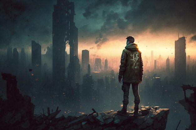 Mann steht auf dem Dach eines zerfallenden Wolkenkratzers und blickt auf die leuchtende Stadtlandschaft unter der KI