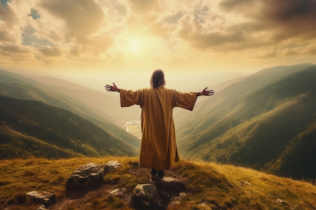 Mann steht auf dem Gipfel des Berges und blickt ins Tal. Der Mann dankt Gott auf dem Berg