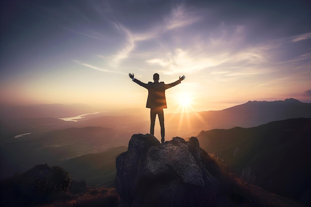 Foto mann steht auf dem gipfel des berges, während die sonne unterzugehen beginnt. erfolg, unternehmensführung, ziele, hoffnungen und bestrebungen, konzept illustration ai generativ