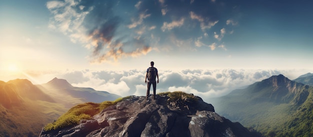 Mann steht auf einem Berggipfel und blickt auf die Wolken unten