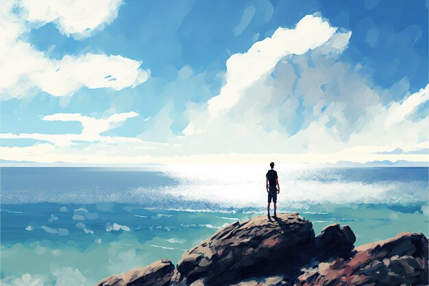 Mann steht auf einem Felsen und blickt an einem sonnigen Tag auf das Ufer. Mann steht auf einem Felsen und blickt an einem sonnigen Tag auf das Ufer. Digital Art Style Illustration Painting