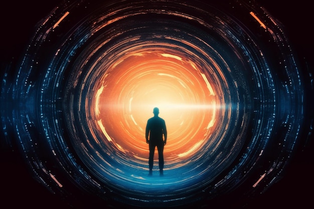 Foto mann steht im dunklen tunnel mit glühendem licht futuristisches konzept