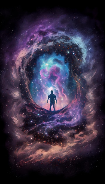 Mann steht im galaxienähnlichen Raum mit großer spiralförmiger generativer KI