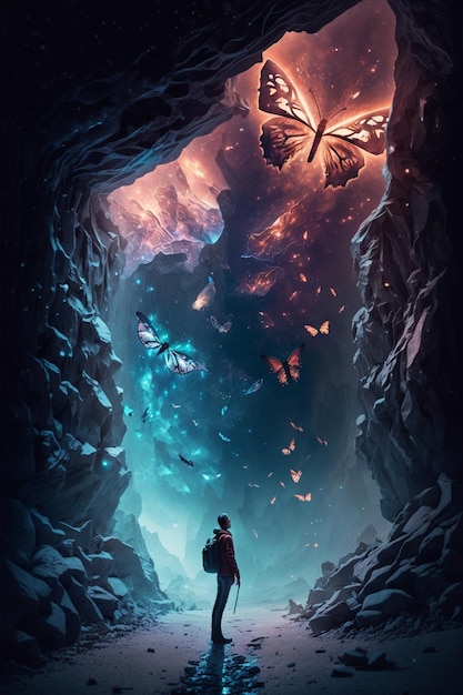 Mann steht in einer Höhle und betrachtet einen generativen Schmetterling