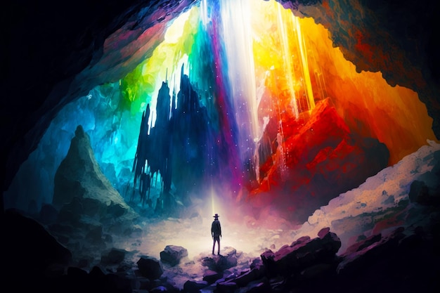 Mann steht in Höhle mit regenbogenfarbenem Wasserfall im Hintergrund Generative KI