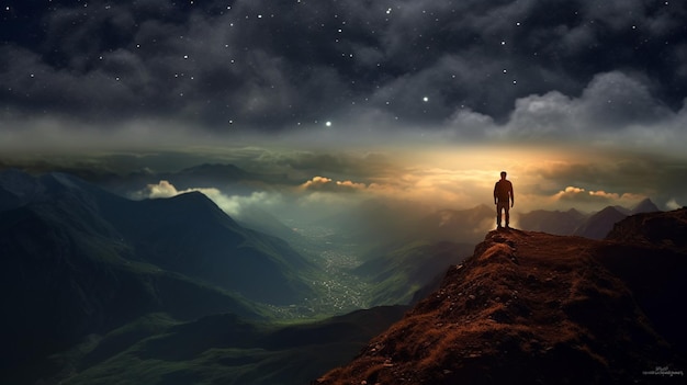 Mann steht nachts auf einem Berggipfel unter Wolken. Generative KI
