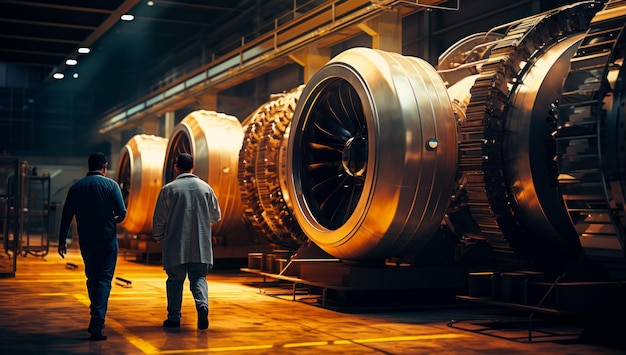 Foto mann steht vor einem großen düsentriebwerk in einer fabrik. zwei männer gehen vor einer großen maschine