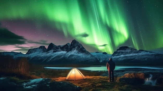 Mann steht vor einem Zelt und beobachtet die Nordlichter. Generative KI