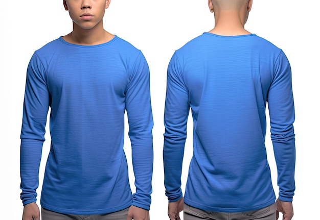 Foto mann trägt ein blaues t-shirt mit langen ärmeln. vorder- und rückansicht