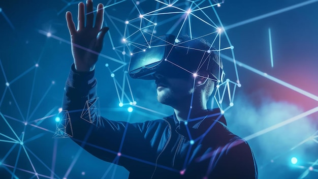 Mann trägt ein virtuelles Realitäts-Headset, blaue digitale Innovation, zukünftige Technologie, disruptive VR