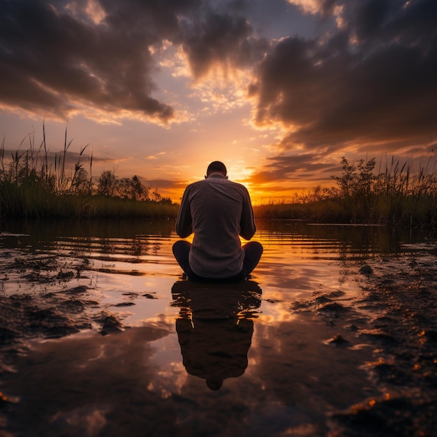 Mann traurig allein sitzend Blick auf einen Sonnenuntergang