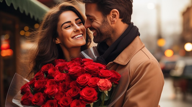 Mann überrascht Frau mit einem Strauß roter Rosen