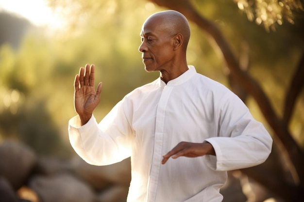 Mann übt Tai Chi in ruhiger Umgebung