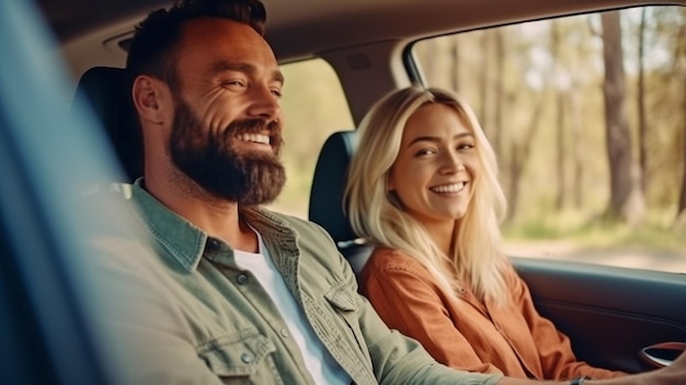 Mann und Dame in einem Auto sind fröhlich, die generative KI lächelt den blonden Passagier charmant an und starrt den attraktiven bärtigen Fahrer hinter dem Lenkrad an