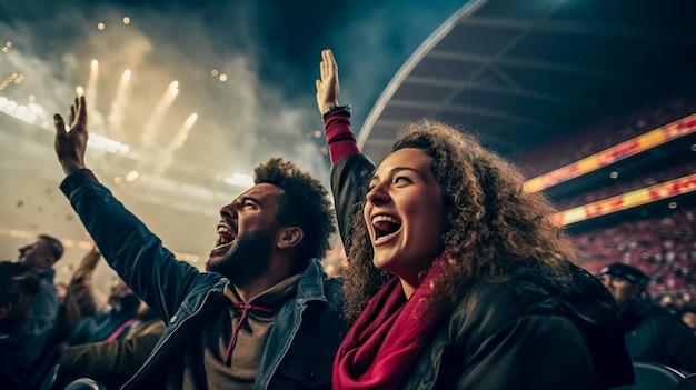 Mann und Frau feiern auf Stadionsitzen