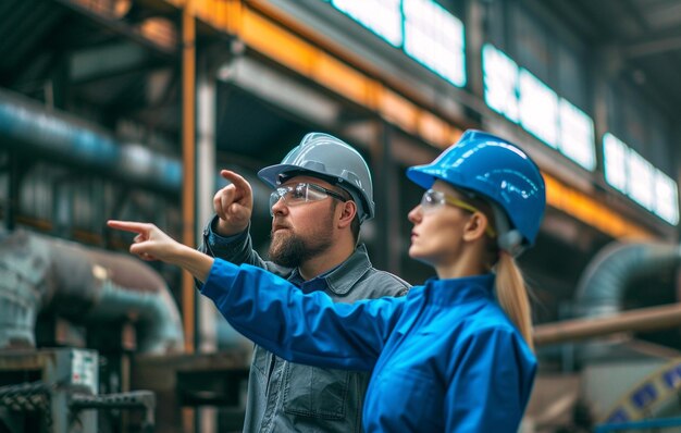 Foto mann und frau in hartem hut weisen auf etwas in einer fabrik hin