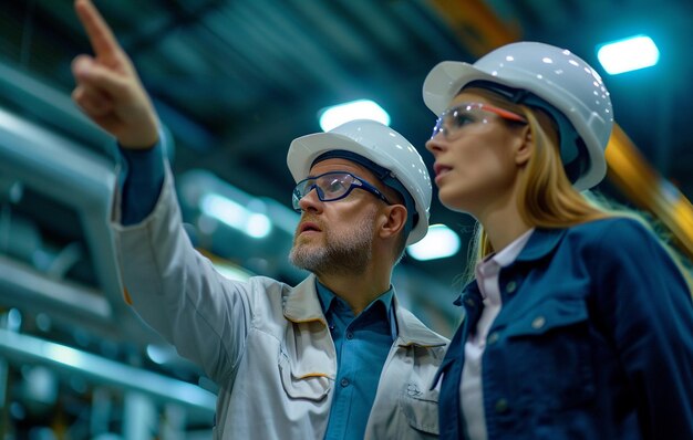 Foto mann und frau in hartem hut weisen auf etwas in einer fabrik hin