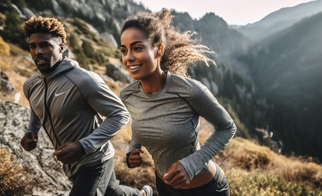 Mann und Frau joggen zusammen im Freien Paar läuft Training Sport Person Fitness Fit Generative KI