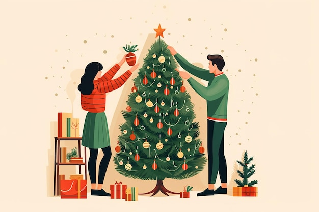 Mann und Frau schmücken einen Weihnachtsbaum, zeichnen im Stil einer Vektorillustration