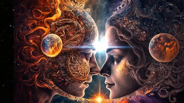 Mann und Frau Silhouette auf dem vorderen Sternenhimmel kosmischen Nebel Universum Hintergrundkonzept