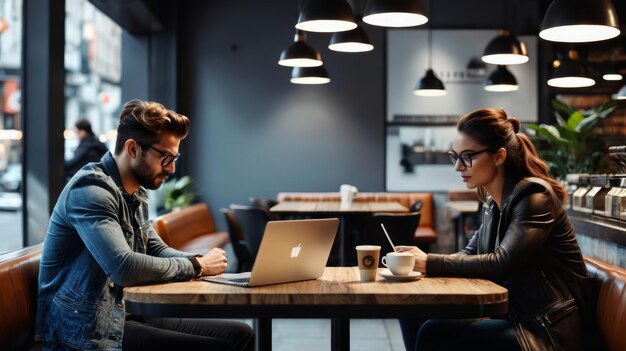 Foto mann und frau sitzen mit laptop am tisch