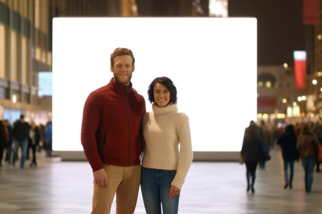 Mann und Frau stehen vor einer massiven weißen Struktur, einer generativen KI.