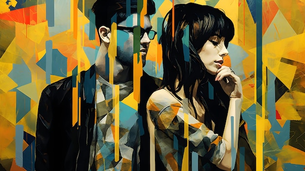 Mann und Frau tragen bunte Kleidung mit Brille auf buntem Hintergrund