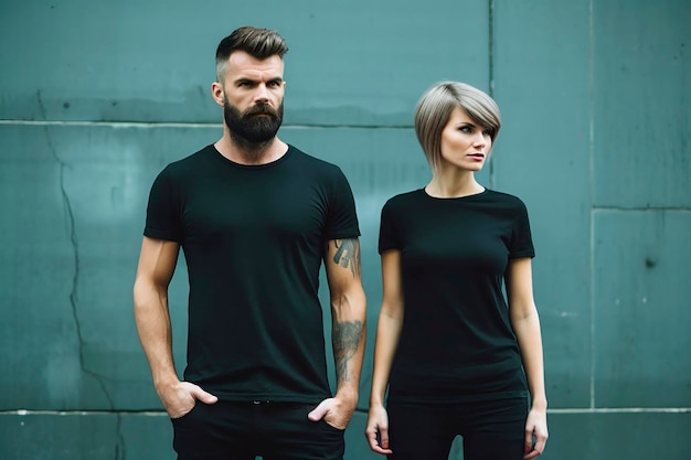 Mann und Frau tragen leeres schwarzes T-Shirt