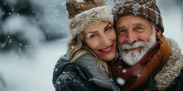 Mann und Frau umarmen sich im Schnee