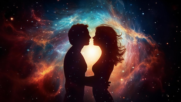 Mann- und Frauensilhouetten vor abstraktem kosmischen Hintergrund