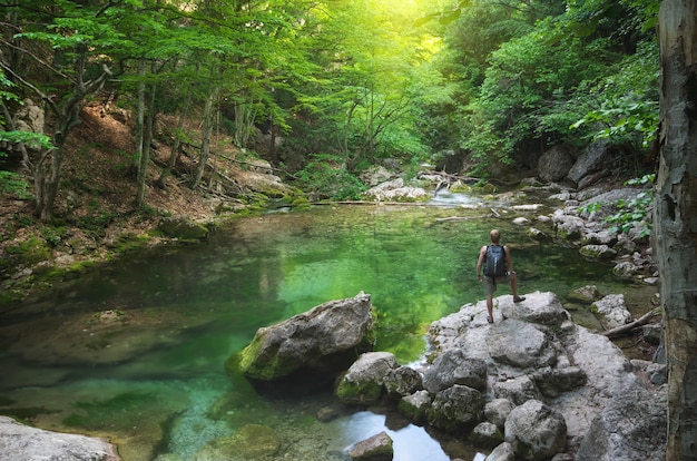 Mann und Frühlingssee im grünen Wald