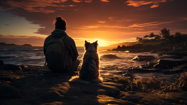 Mann und Hund am Strand bei Sonnenuntergang.