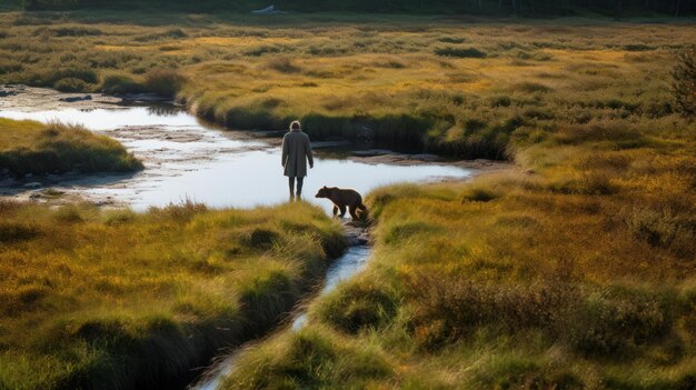 Mann und Hund gehen über den Bach im Earthy Sigma 85mm-Stil