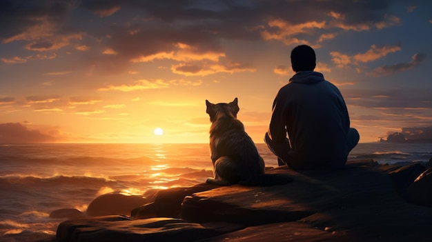 Mann und Hund sitzen bei Sonnenuntergang gemeinsam am Strand