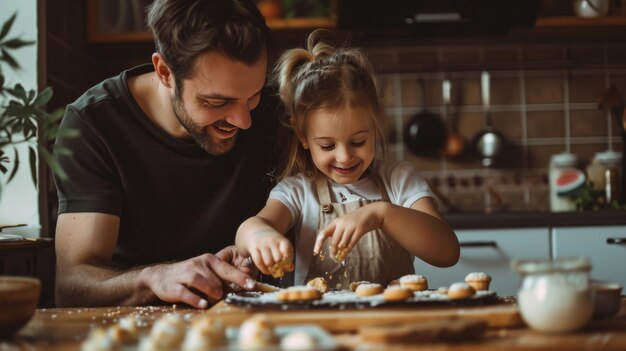 Mann und kleines Mädchen machen zusammen Kekse Schritt für Schritt Backen Tätigkeit Vatertag