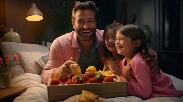 Mann und zwei kleine Mädchen sitzen auf dem Bett Familie verbindet Liebe und Zusammenhalt Vatertag