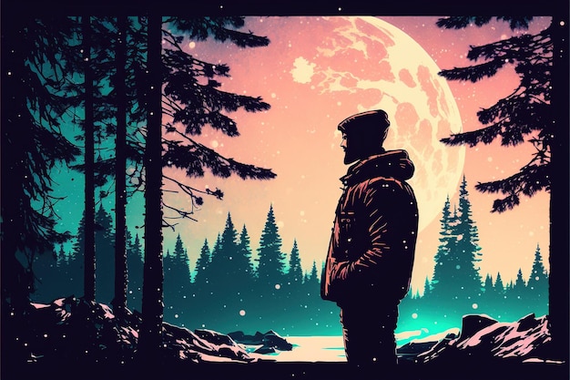 Mann unter dem Mond zu Fuß im Winterwald Mann im Winterwald mit Blick auf den glühenden Halbmond Illustrationsmalerei im digitalen Kunststil