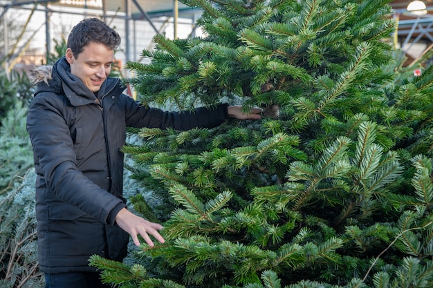 Mann wählt einen Weihnachtsbaum auf den Märkten vor Heiligabend aus