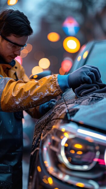 Mann wäscht Auto mit Schwamm