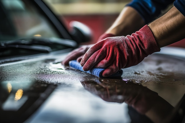 Mann wäscht Auto mit Shampoo jeden Tag Leben Autopflege Konzept